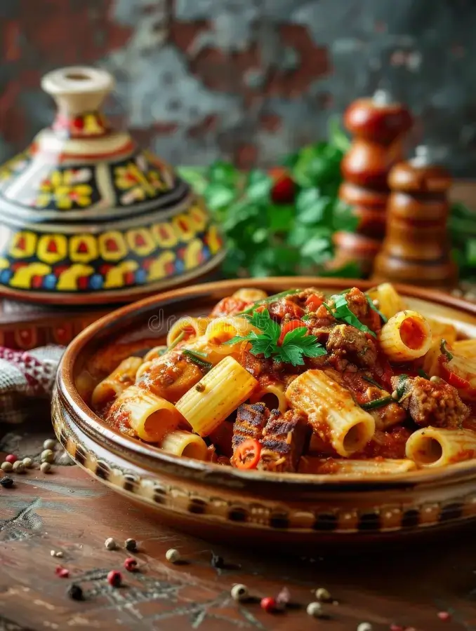 libyan-mbakbaka-spicy-pasta-meat-tomato-sauce-simmered-traditional-tagine-flavorful-north-african-comfort-food